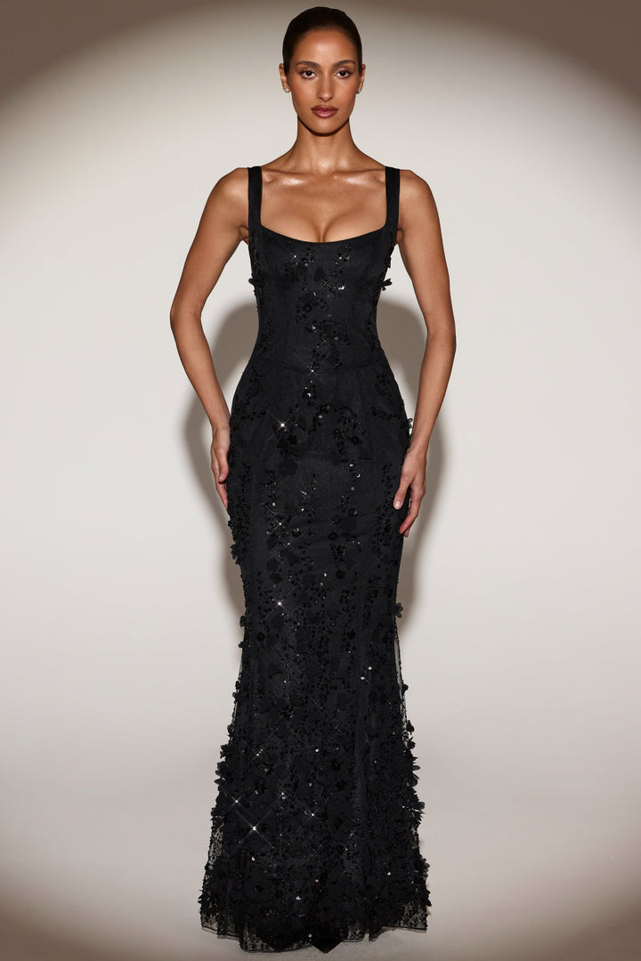 LUNEÁ - Embellished Fishtail Corset Gown in Black