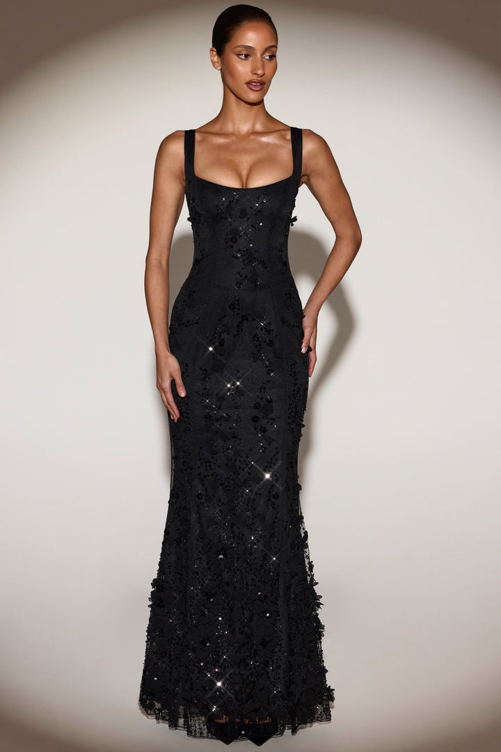 LUNEÁ - Embellished Fishtail Corset Gown in Black