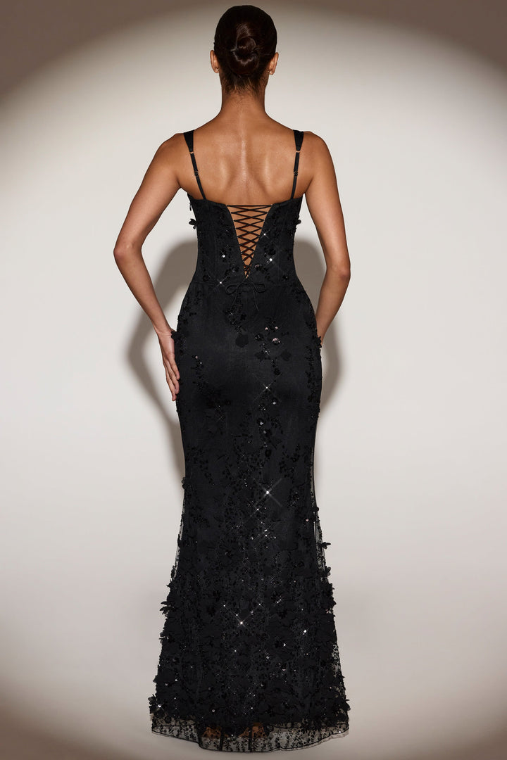 LUNEÁ - Embellished Fishtail Corset Gown in Black