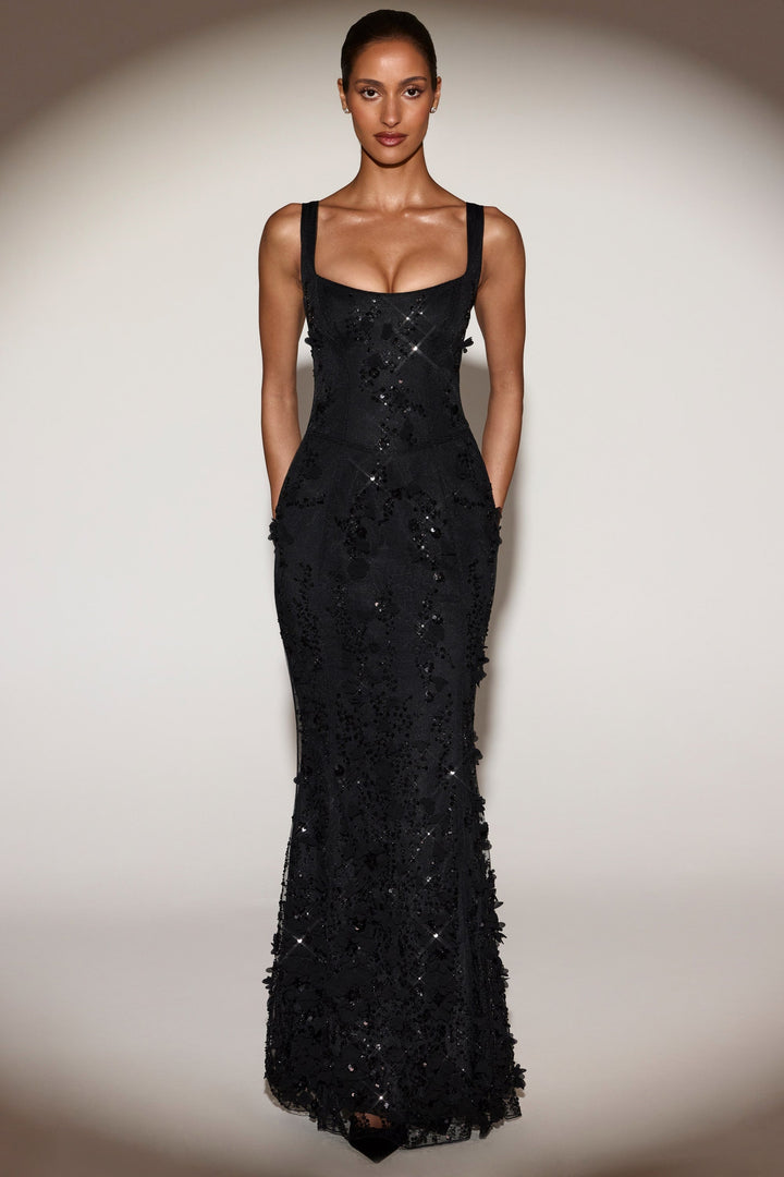 LUNEÁ - Embellished Fishtail Corset Gown in Black