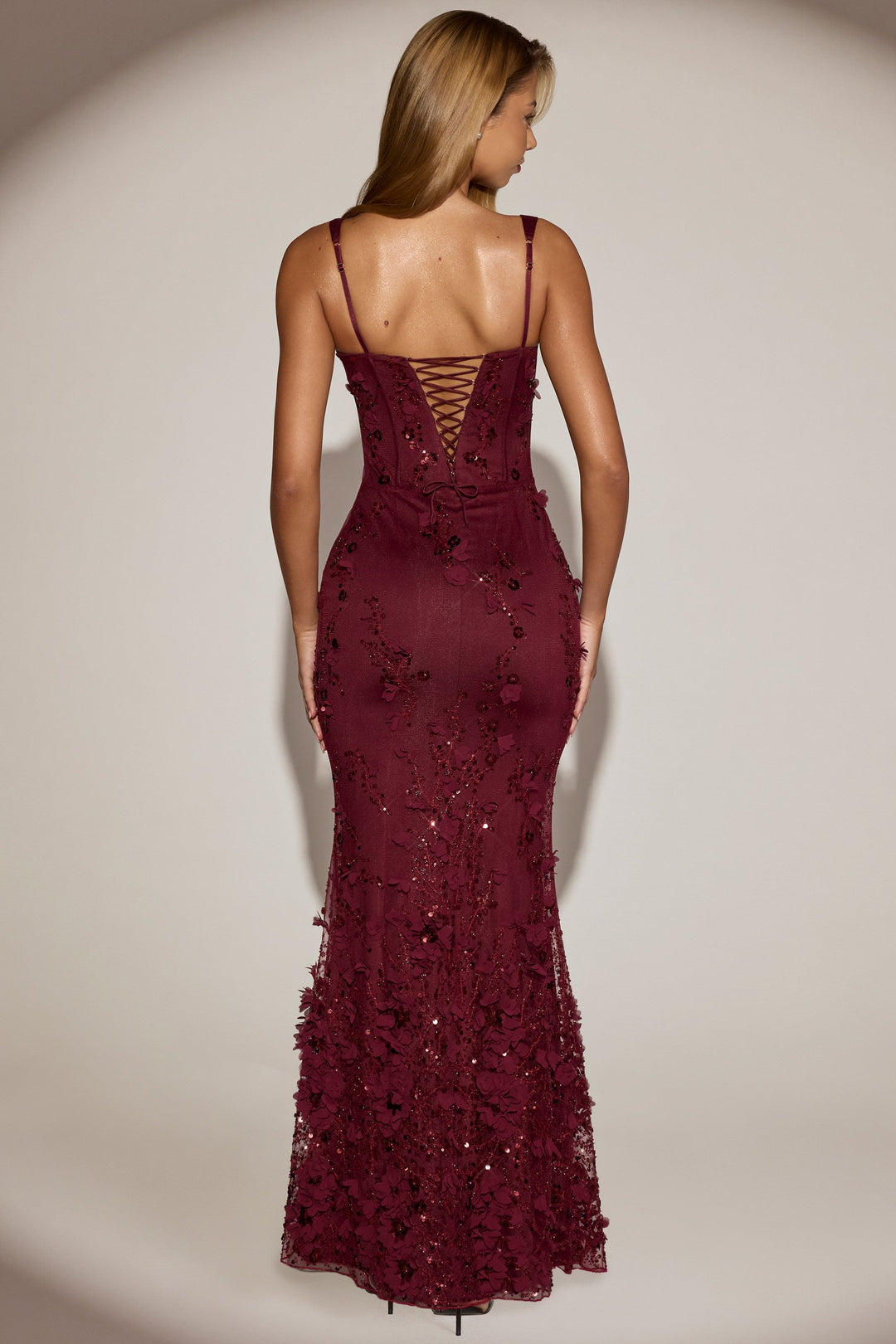 LUNEÁ - Embellished Fishtail Corset Gown in Wine Red