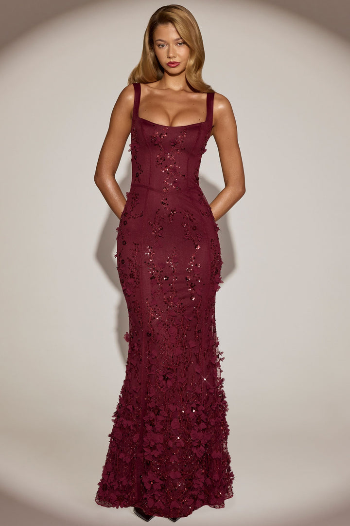 LUNEÁ - Embellished Fishtail Corset Gown in Wine Red