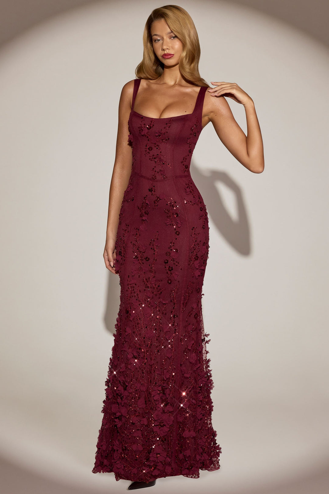 LUNEÁ - Embellished Fishtail Corset Gown in Wine Red