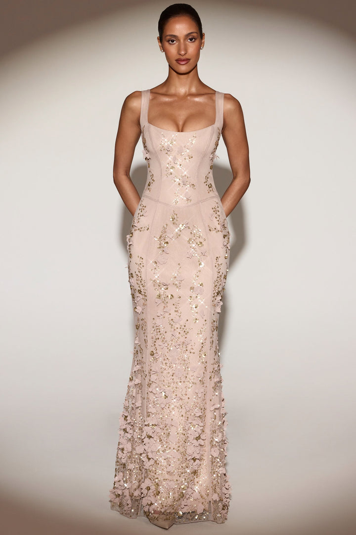 LUNEÁ - Embellished Fishtail Corset Gown in Gold