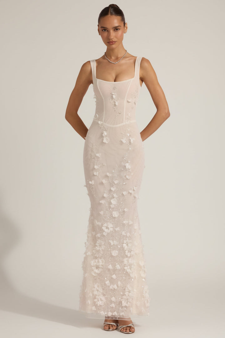 LUNEÁ - Embellished Fishtail Corset Gown in White